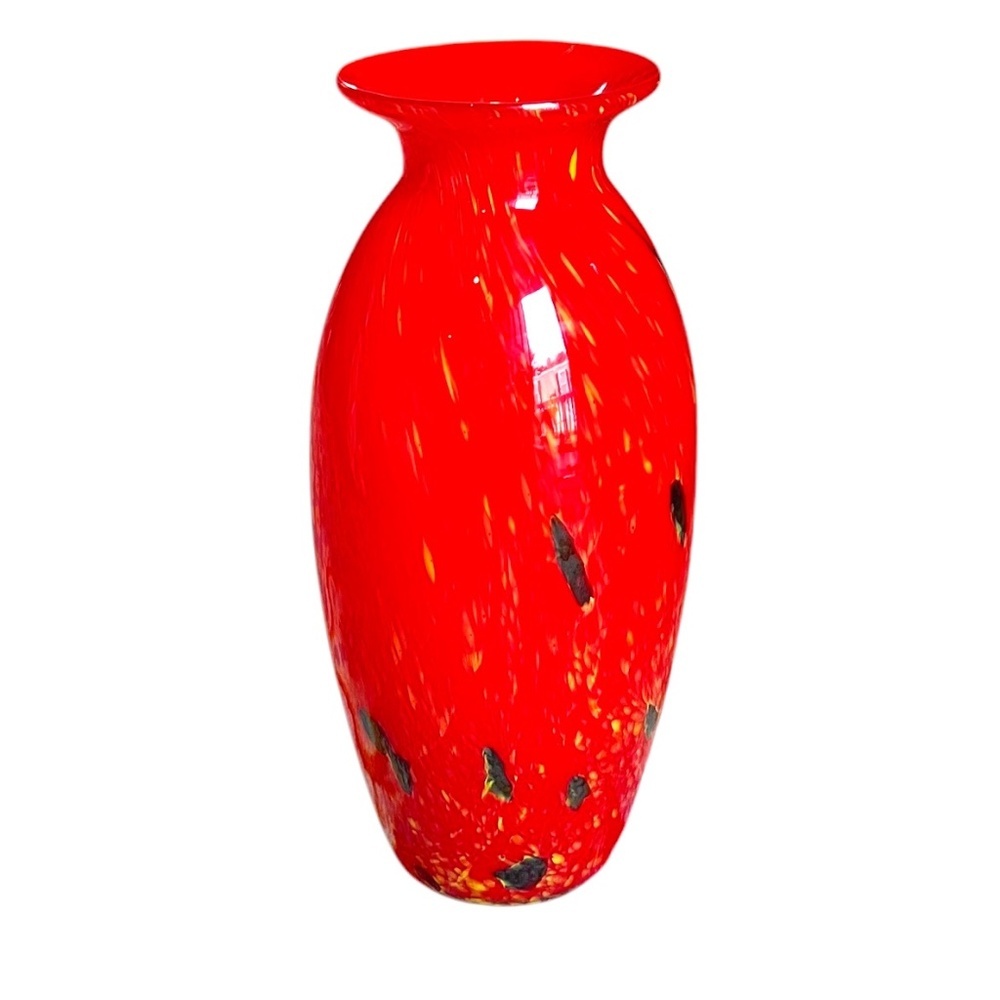 Vintage Mid Century Red Yellow Black Strawberry Art Glass Vase